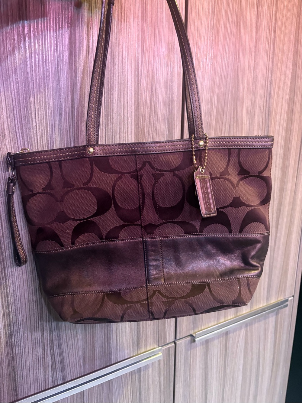 Coach Chocolate Signature Canvas Tote with Leather Trim